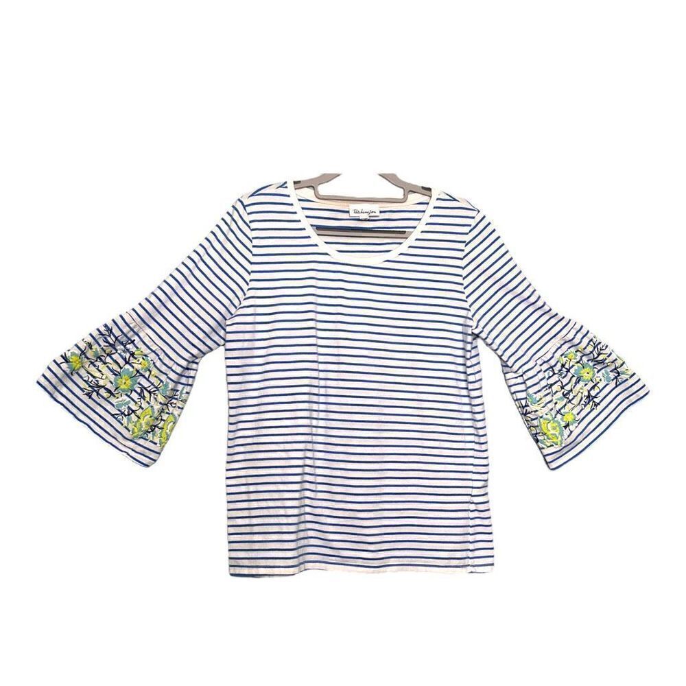 Patchington striped 3/4 embroidered flounce sleeve tee white & blue